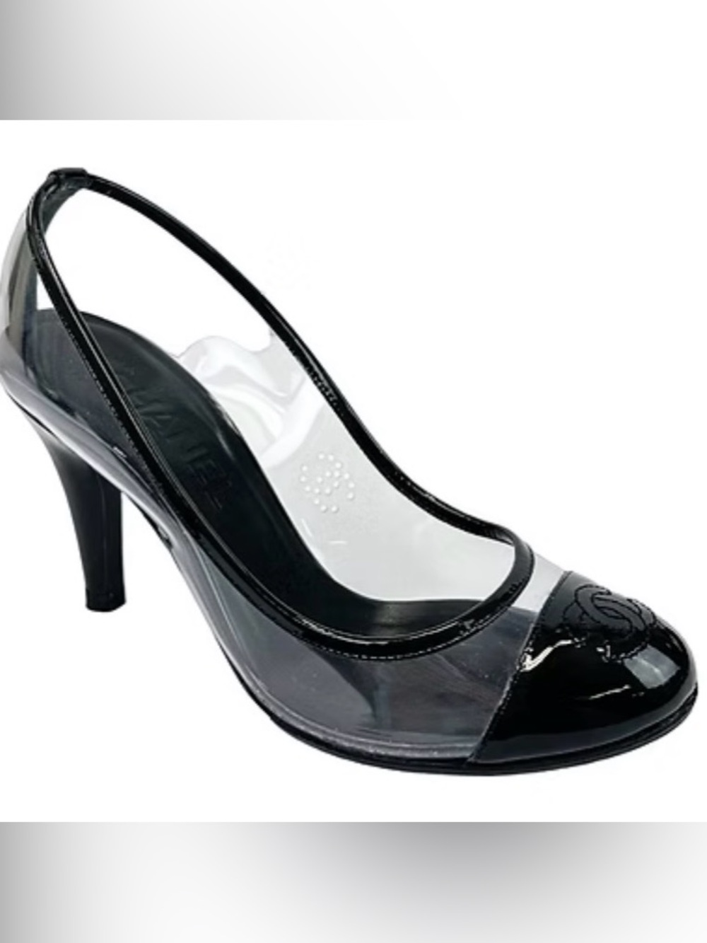 CHANEL Black Patent Leather & Clear PVC Cap Toe Pumps – Iconic CC Logo size 39
